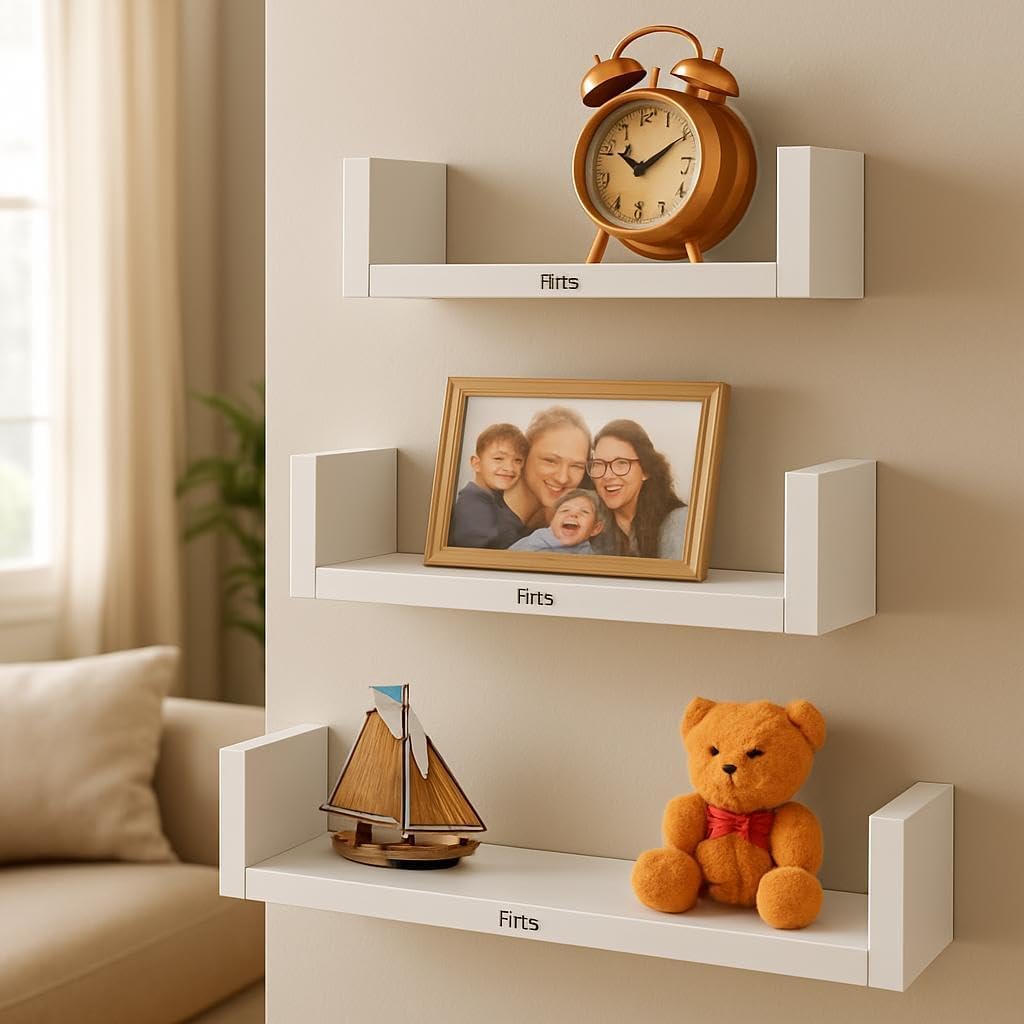 C-Shape Wall Shelves Set of 3, White Square Edge Floating Shelves