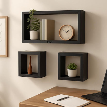 Flt Wall Shelves Cuboid 3Pcs Set, Black for Home and Office Storage