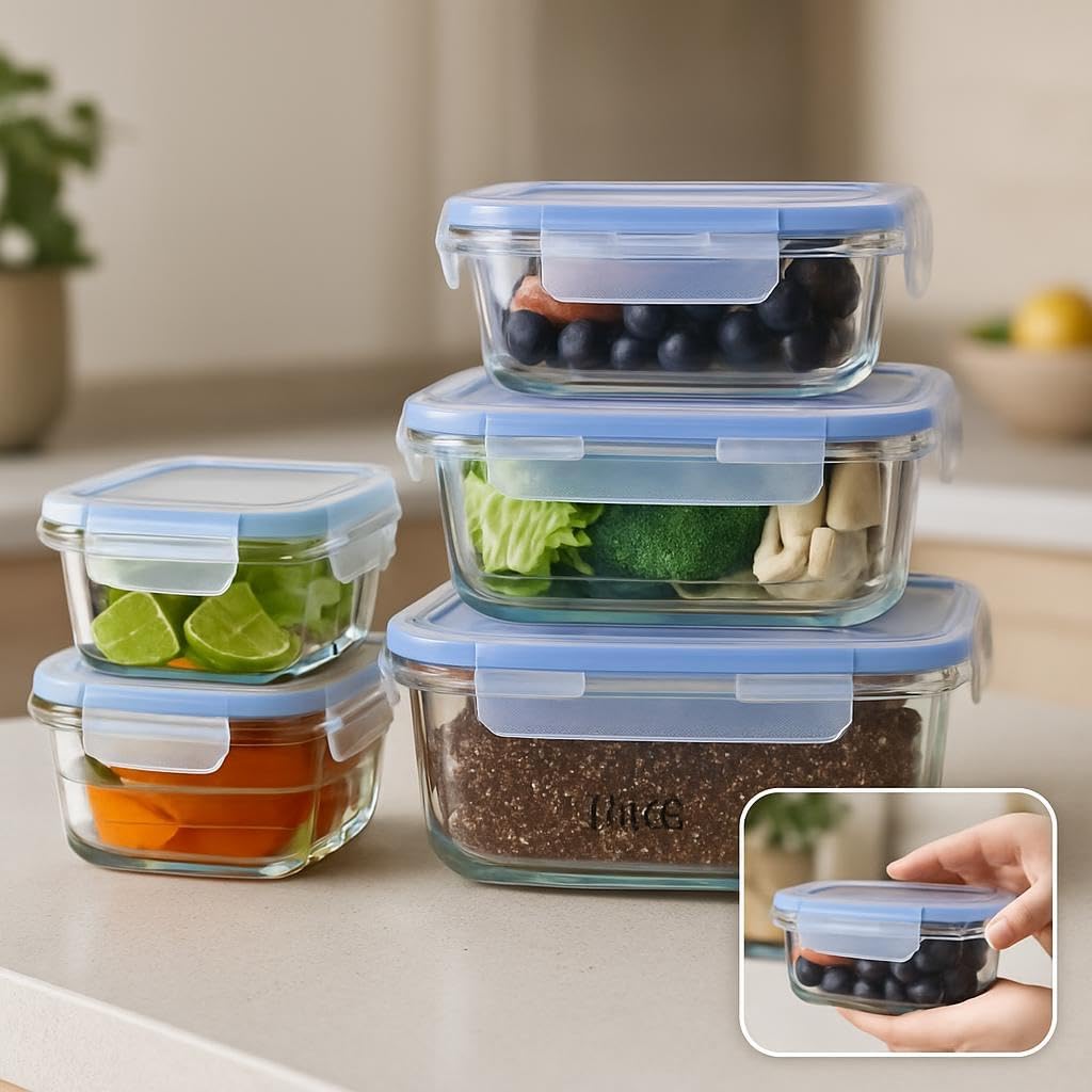 60 Pieces Glass Storage Food Container Set - 5 Pieces Rectangular & Square (380mls (620ml – 980ml))