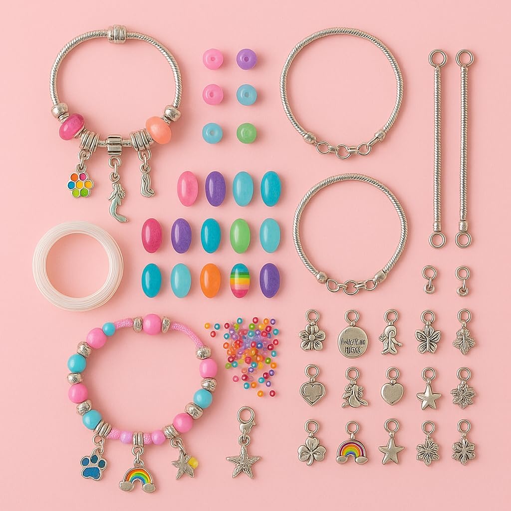 72 Pieces 130-Piece Bracelet and Pendant Making Kits with Premium Metal & Glass Pendants (Includes Pink Storage Bag)