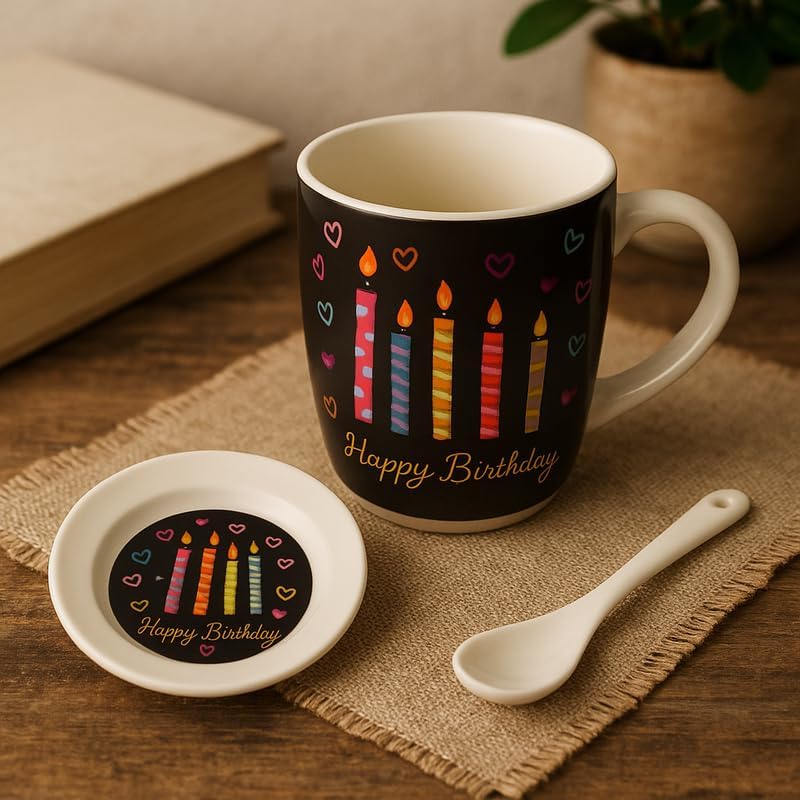 Ceramic Mug with Spoon and Lid, Black Outer, White Interior, Happy Birthday Candle Design