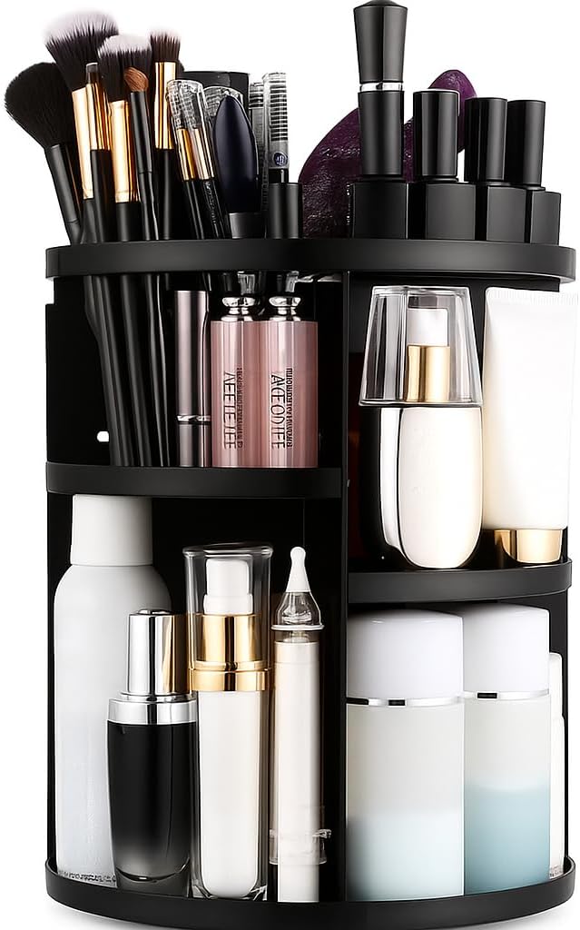 72 Pieces Makeup Organizers (Rotating Vanity Organizer and Storage Box – 360 Spinning Holder – For Bathroom – Fits Makeup Brushes – Lipsticks – Round – Black Circle)