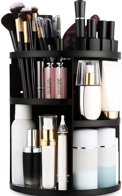 Makeup Organizer, Rotating Vanity Organizer and Storage Box, 360 Spinning Holder, For Bathroom, Fits Makeup Brushes, Lipsticks, Round, Black Circle