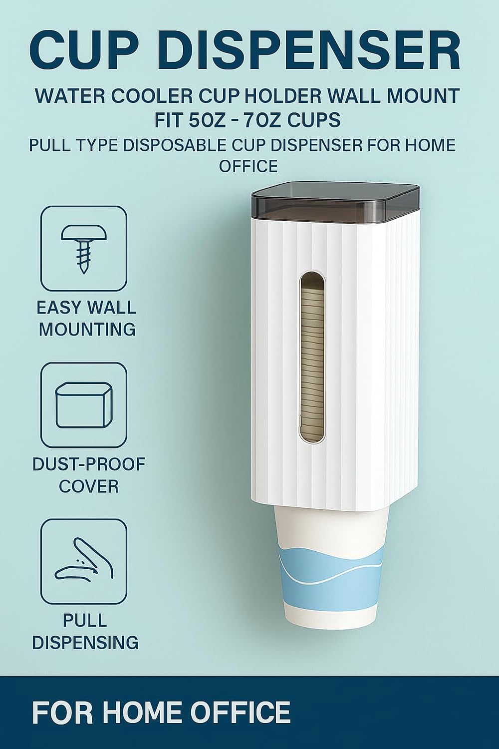 Cup Dispenser, Water Cooler Cup Holder Wall Mount Fit 5oz - 7oz Cups, Pull Type Disposable Cup Dispenser for Home Office