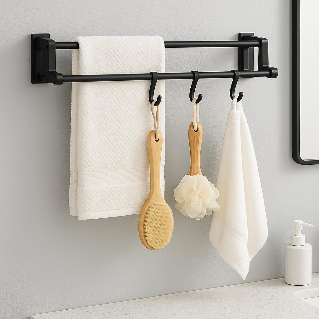 Towel Holder with 4 Hooks – Black Metal Wall Mount, Kitchen Organizer with Double Hanger for Hand Towels, Self-Adhesive, No Drill, Space-Saving Design for Bathroom and Kitchen