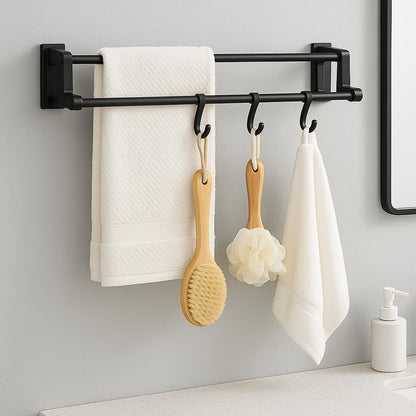 Towel Holder with 4 Hooks – Black Metal Wall Mount, Kitchen Organizer with Double Hanger for Hand Towels, Self-Adhesive, No Drill, Space-Saving Design for Bathroom and Kitchen