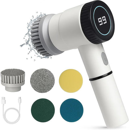 Electronic Cleaning Brush for Bathroom & Kitchen | LED Display, 5 Brush Heads, 3 Cleaning Modes | Powerful Scrubber for Tough Stains | Multipurpose Cordless Cleaner for Home Surfaces