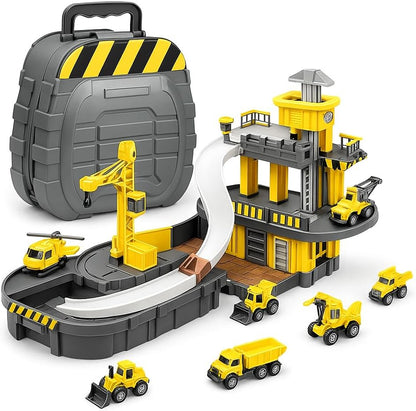 Construction backpack playset Vehicles for Kids - Engineering Construction, Helicopter, Bulldozer, Mixer Toy Great Gifts for 3 to 8+ year old Kids, Yellow