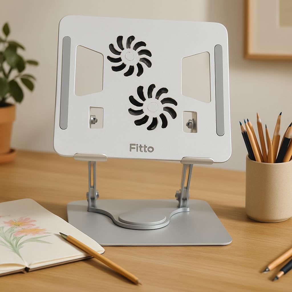 Aluminium Tabletop Laptop Stand with Double Fan 360 Degree Rotating Cooling