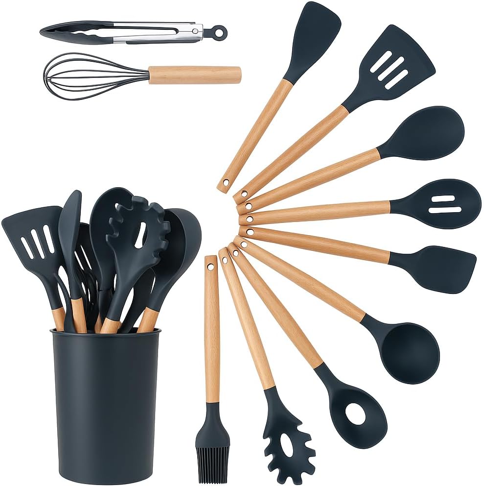GROUP 12pcs Kitchen Utensils Set, Heat Resistant Set, Kitchen Accessories for Non-Sticky Pans, Home Cooking Utensils, Super Kitchen Silicone Spatula Stuff - Grey