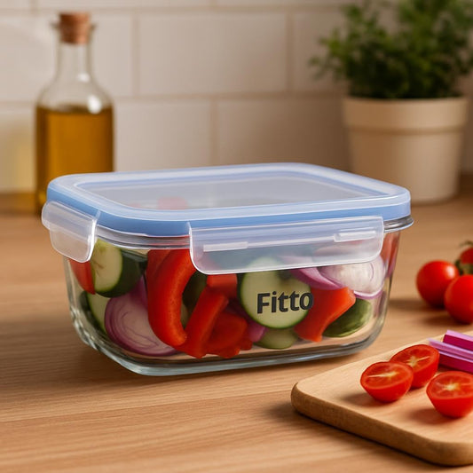 Square Glass Storage Food Container, 1000ml, Airtight Lid