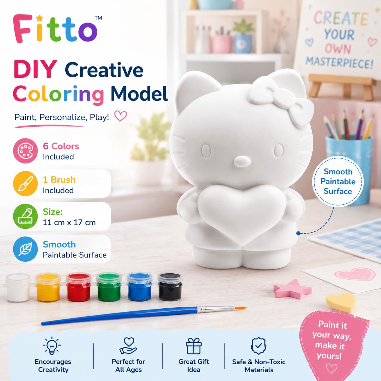 96 Pieces DIY Cat Figurine Painting Kits with White Paintable Model (6 Paint Pots and Brush – Assorted Colors)