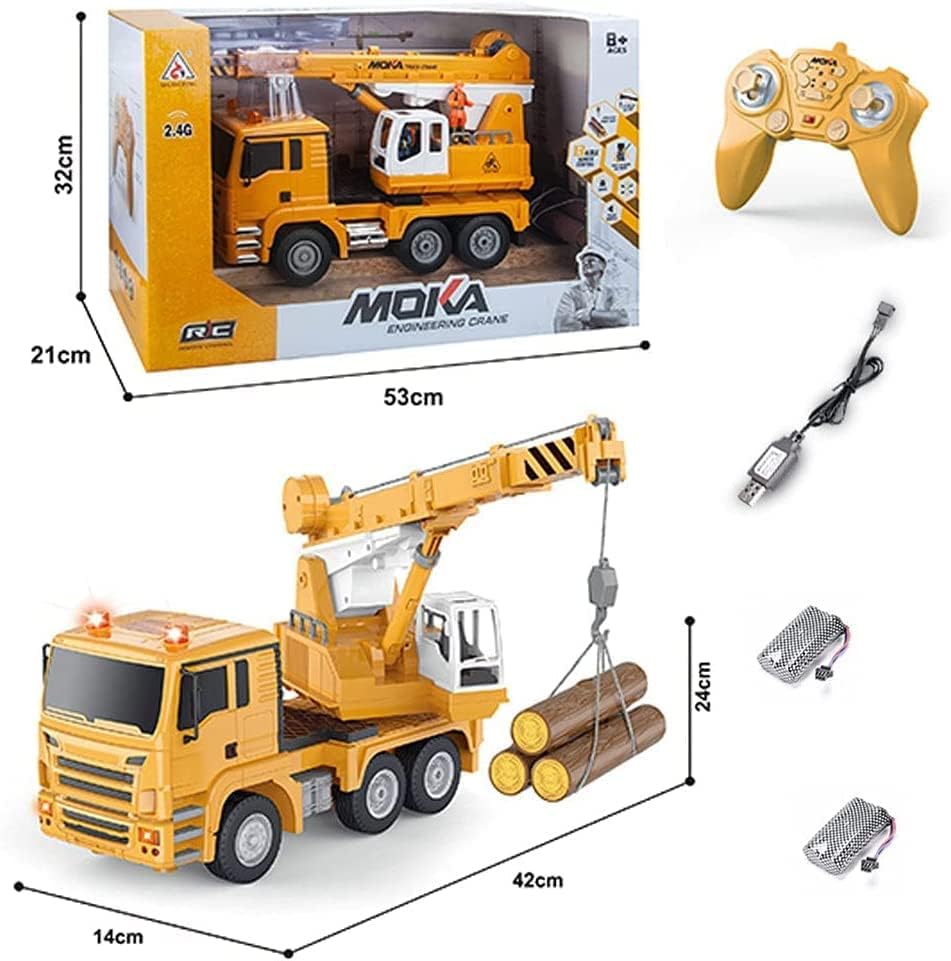 48 Pieces Remote Control Crane Trucks (Wood log engineering yellow & black truck – Heavy Machine with Battery Operated Heavy Duty Crane 360 degree body spin Toys for Boys)