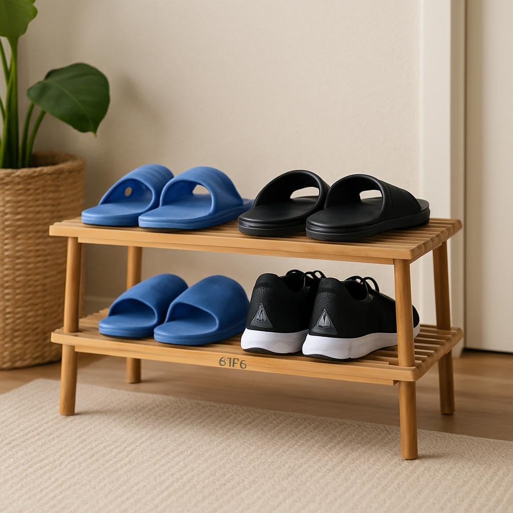 Wooden Shoe Rack 2 Tier, Natural Wood Color, 63x26x29.5cm