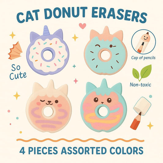 4 Pieces Assorted Cat Shaped Erasers, Assorted Colors