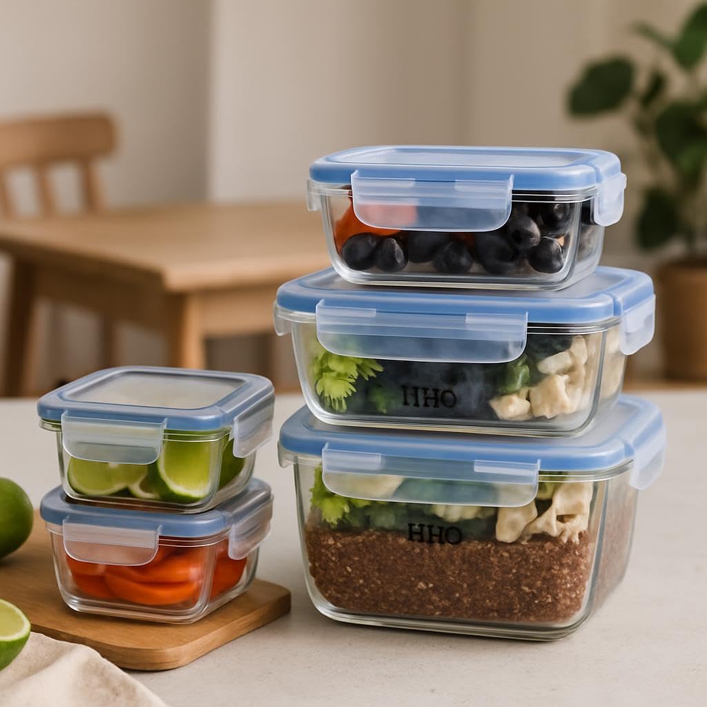 60 Pieces Glass Storage Food Container Set - 5 Pieces Rectangular & Square (380mls (620ml – 980ml))
