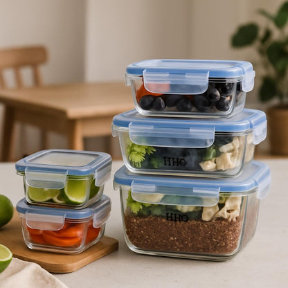 Glass Storage Food Container Set - 5 Pcs Rectangular & Square (380ml, 620ml, 980ml)