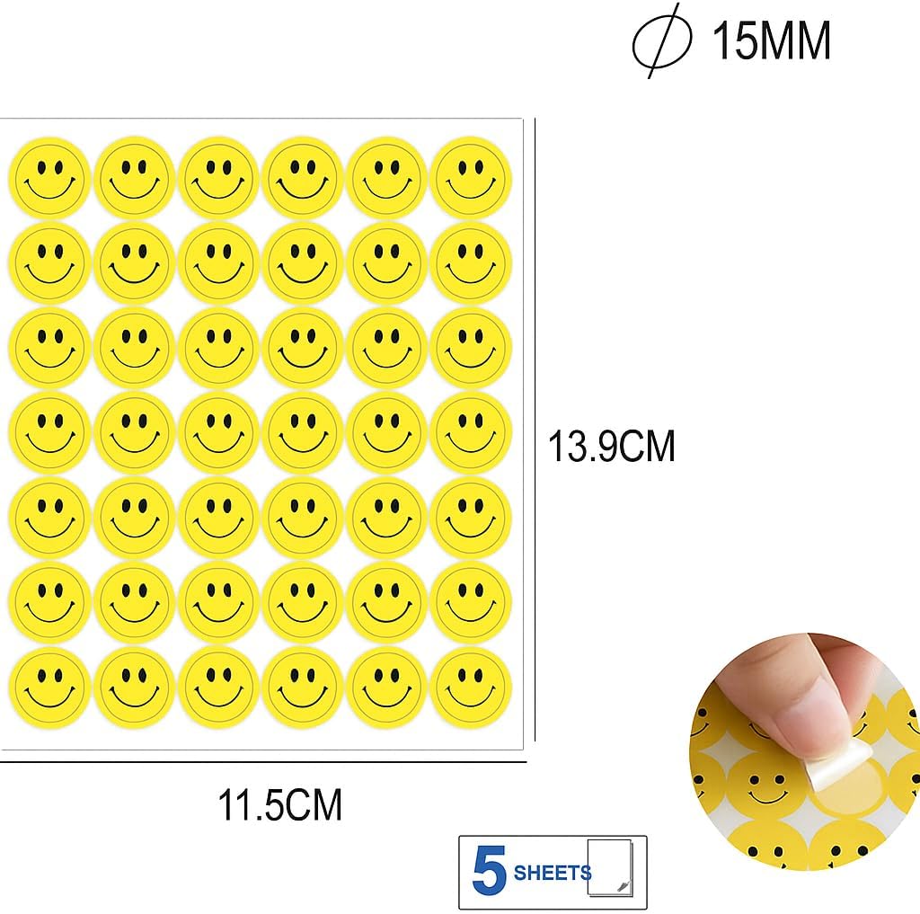 240 Pieces Adhesive Labels Smiles (5 Sheets – 42 Round Labels – 15mm – 11.5x13.9cm – Stickers for Organizing – Crafting – Office Use)