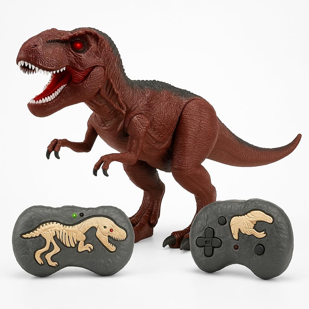 72 Pieces Remote Control Trex Dinosaur Toys with Rolling Legs (Glowing Eyes – Sounds and Light – Brown)