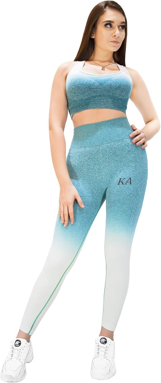 Fitto 2 Pieces Armour Set - High Waisted Seamless Leggings with Sports half Sleeves Top Workout Gym Yoga Ombre color Outfit for Women (Medium, white & Teal)