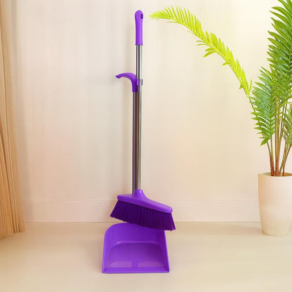 Broom and Dustpan Set - Heavy Duty Metal Handle, Upright Stand, Long Handle for Easy Sweeping, Compact Design for Home, Office, and Kitchen, Indoor & Outdoor Cleaning Supplies ( Beige )