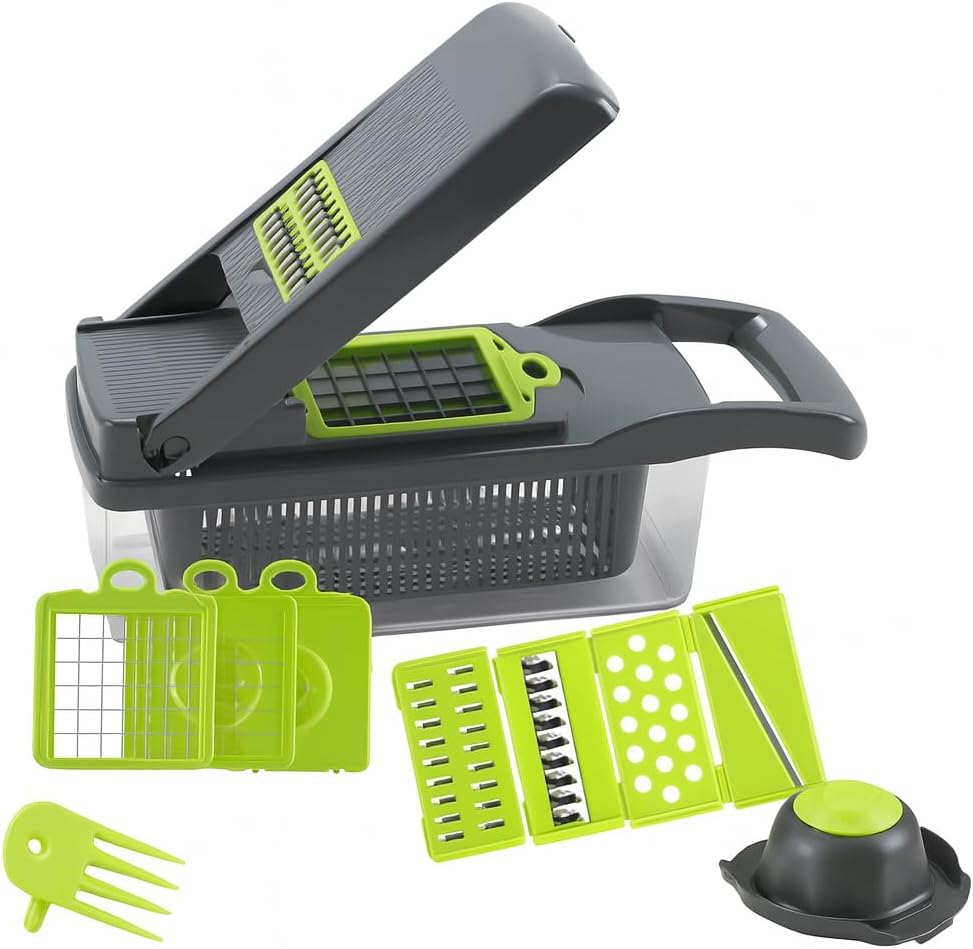 96 Pieces Vegetable Chopper - Multi-Functional Manual Food Choppers with 5 Blades (12-in-1 Mandoline Slicer and Dicer Set – BPA-Free – Ideal for Onions – Garlic – Fruits & More - Kitchen Essential)