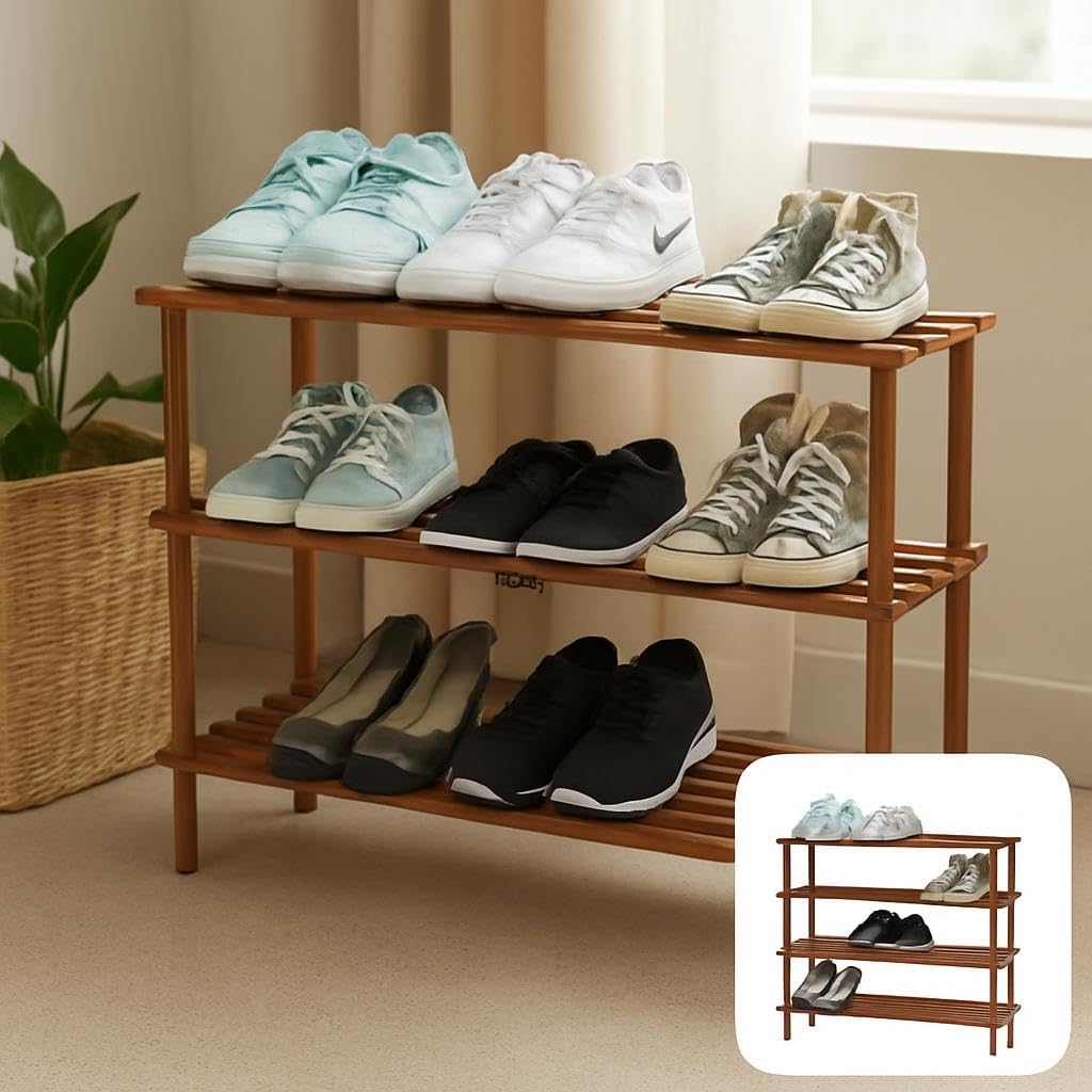 Wooden Shoe Rack 4 Layer, 74x26x67cm, Coffee Brown