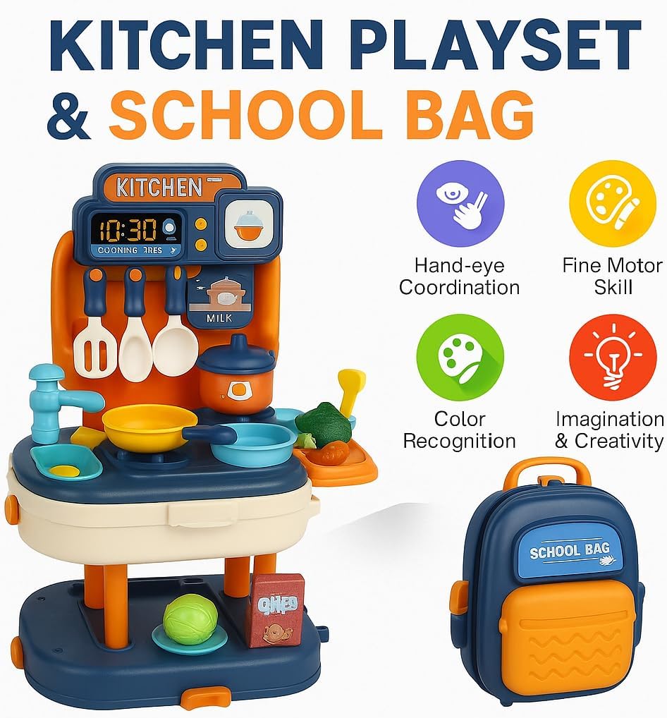 Kitchen Toy Kitchen Backpack Playset For Kids, Portable Kids Mini Play Kitchen With Cooking Utensils, Pots, Fruits And Vegetables