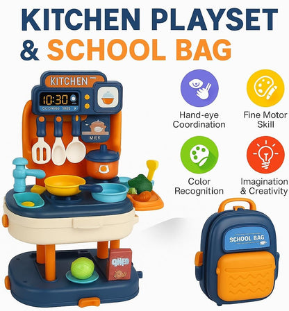 Kitchen Toy Kitchen Backpack Playset For Kids, Portable Kids Mini Play Kitchen With Cooking Utensils, Pots, Fruits And Vegetables