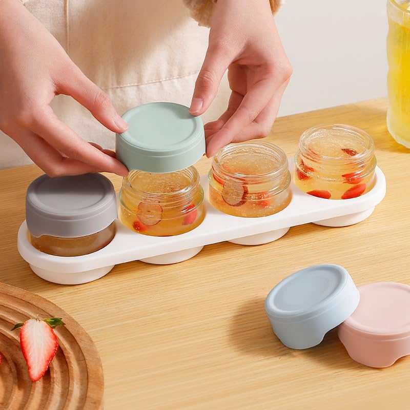 Glass Spice & Condiment Jar Set – Stackable Design With White Tray, 110ml capacity, Pack of 4 Jars