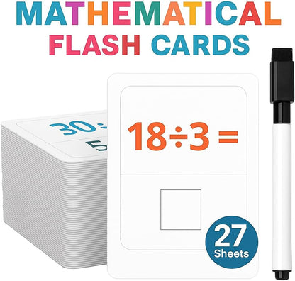 27 Sheets Division Flash Cards with Marker – 11.7x7.8cm Math Learning Tool