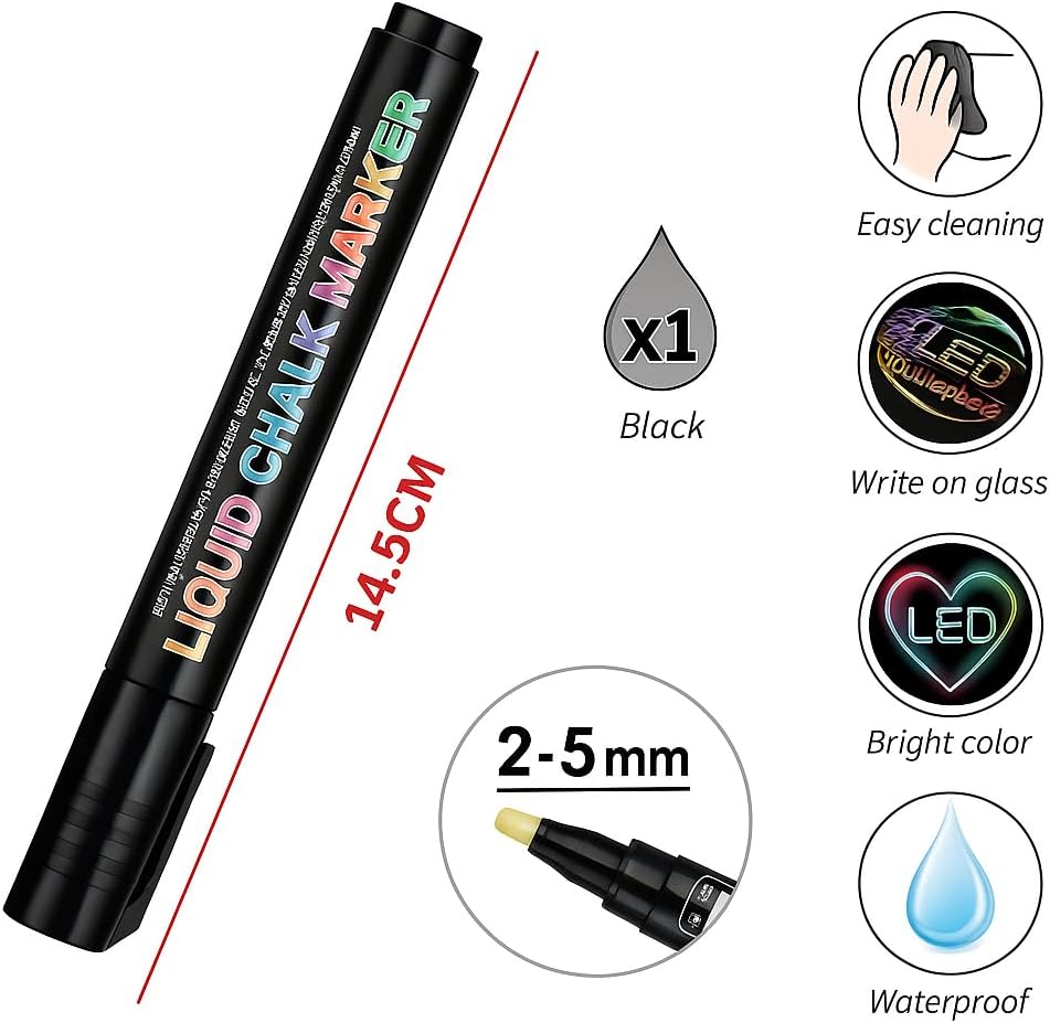 Liquid Chalk Marker 14.5cm 2.5mm Black for Chalkboards, Glass, Windows, Non-Porous Surfaces