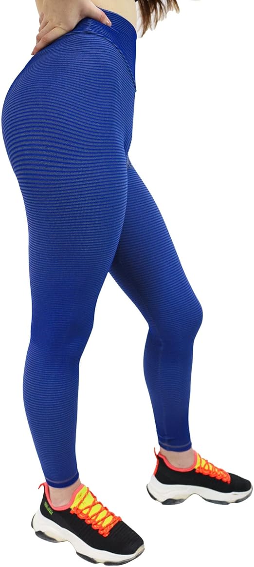 Fitto Striped Capri Leggings - High Waisted Workout Gym Yoga Scrunch Butt Pants for Women (Medium, Blue)