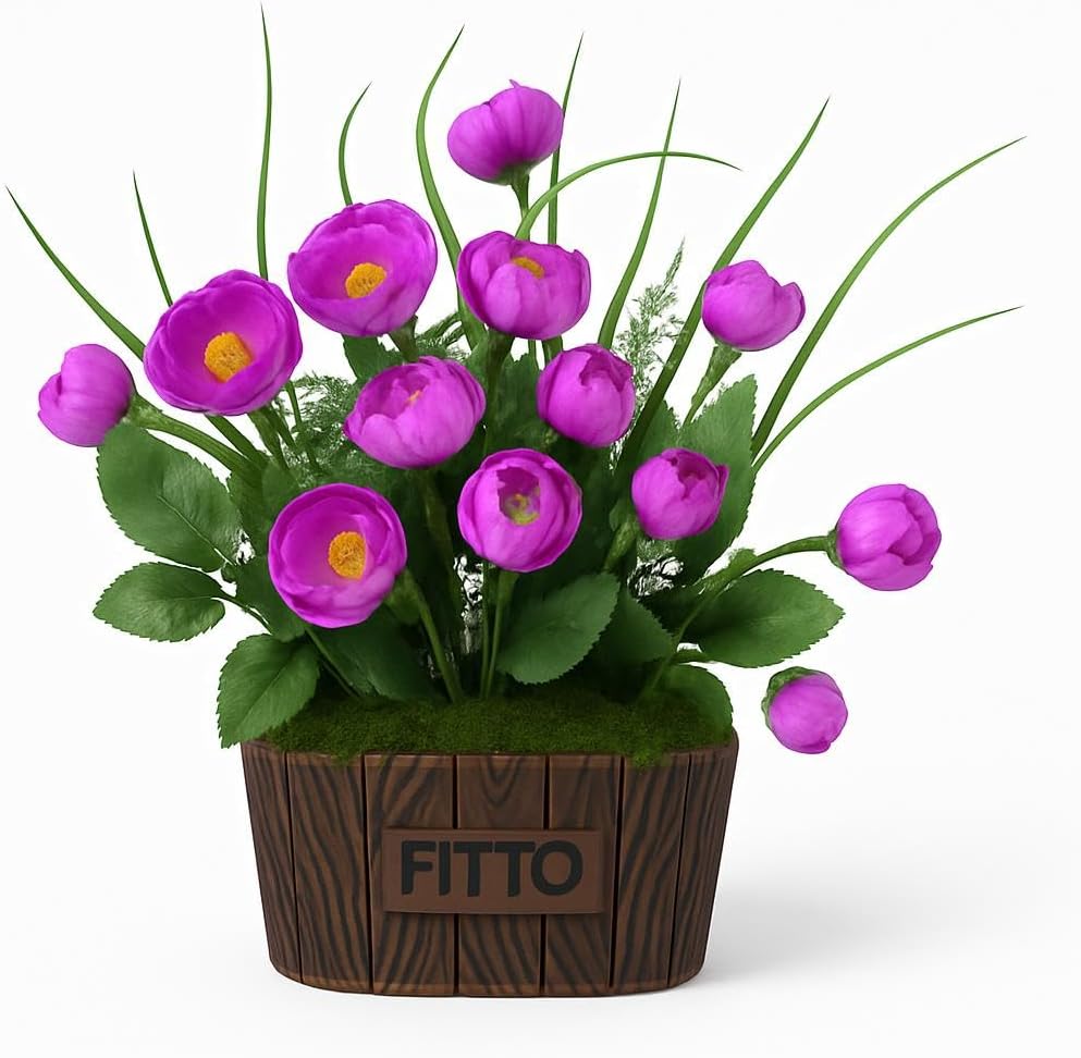 Purple Flower Arrangement with Yellow Centers in Decorative Wood-Look Pot