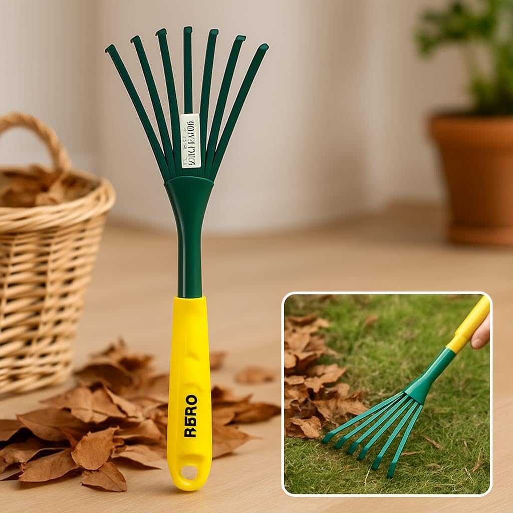 Small Garden Rake with Green Head and Yellow Handle, 9 Tines for Raking Leaves and Soil