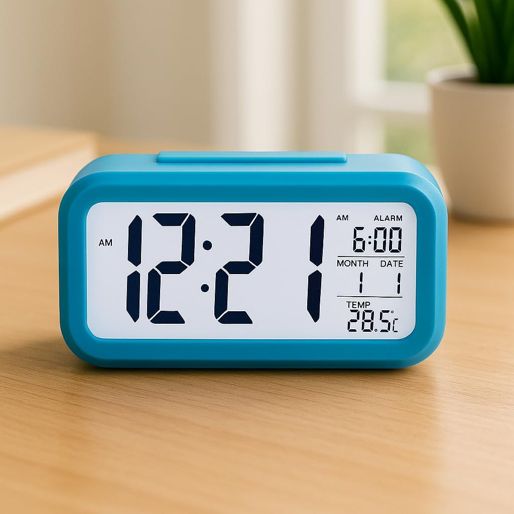 Smart Digital Alarm Clock with Date & Temperature, Snooze Button, Battery Operated LCD Display Desk Clock with Night Light & Auto-Dimming for Kids, Bedroom, Home Office