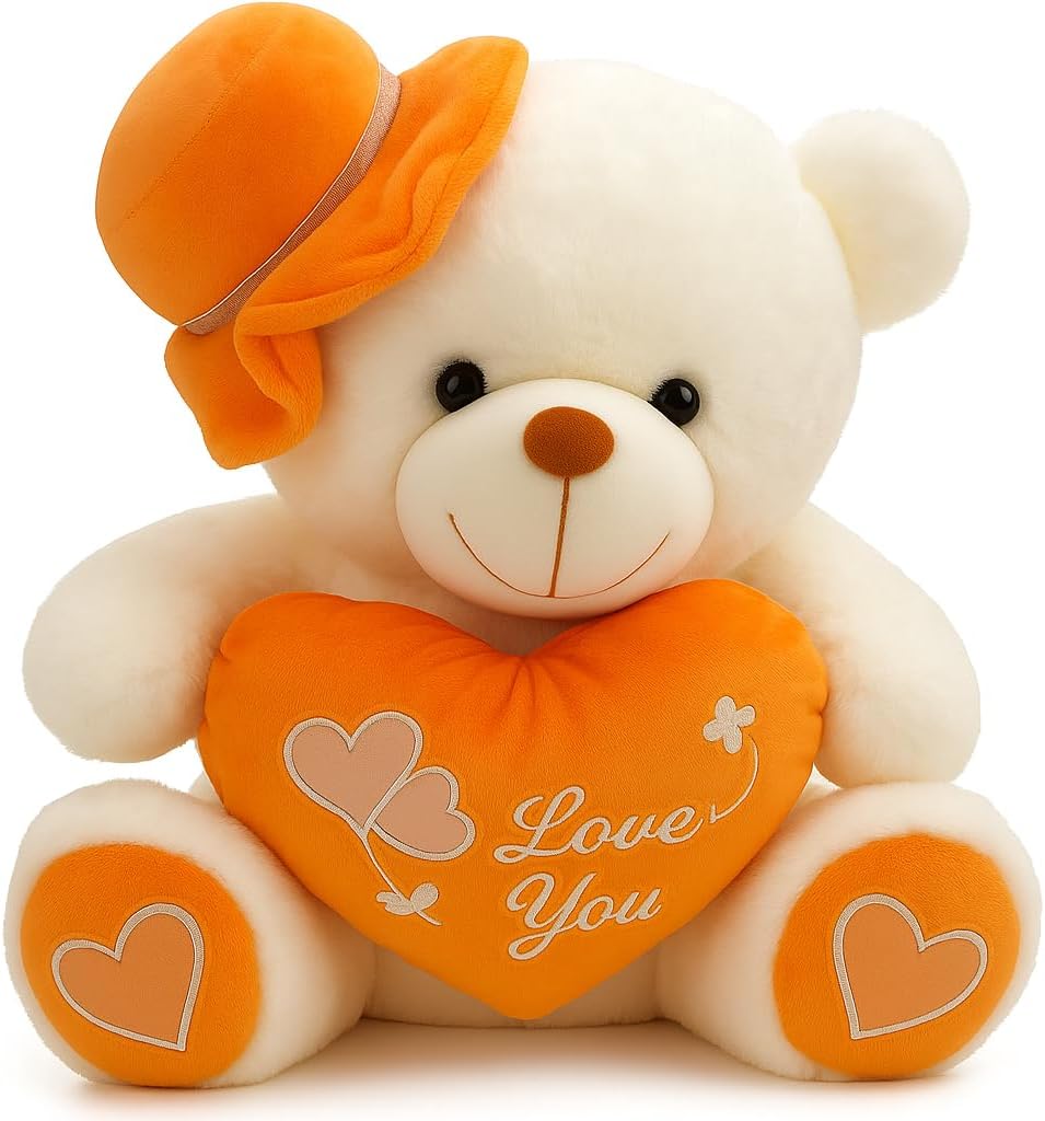 72 Pieces White & Orange Teddy Bears with Cap (35cm – Plush Toy for Kids – Caps & Cuddly Bear)