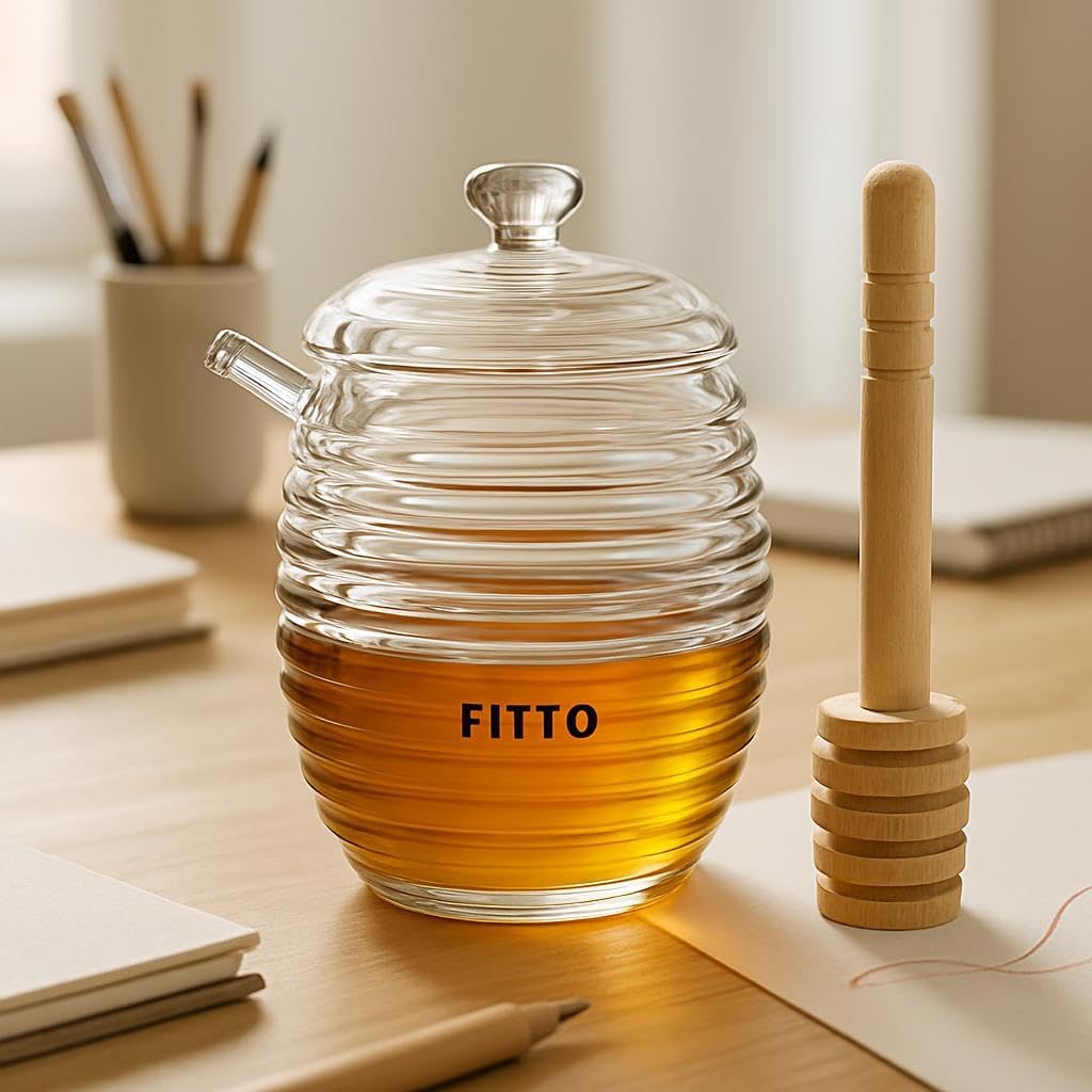 Transparent Honey Dispenser – 9oz Honey Jar with Wooden Dipper, Clear Acrylic Pot for Syrup, Easy to Clean, Stylish Honey Storage