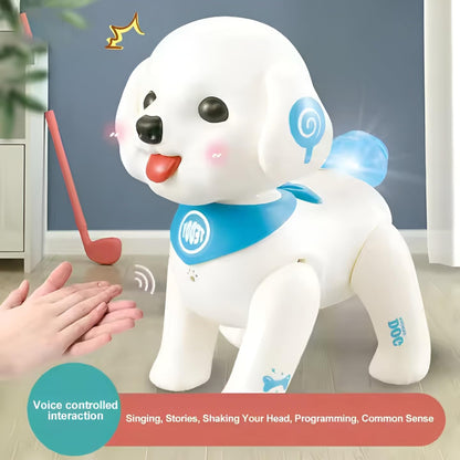 Interactive Remote Control Pet Dog Toy - Rechargeable, Music, Dancing & Stunt Capabilities, White & blue