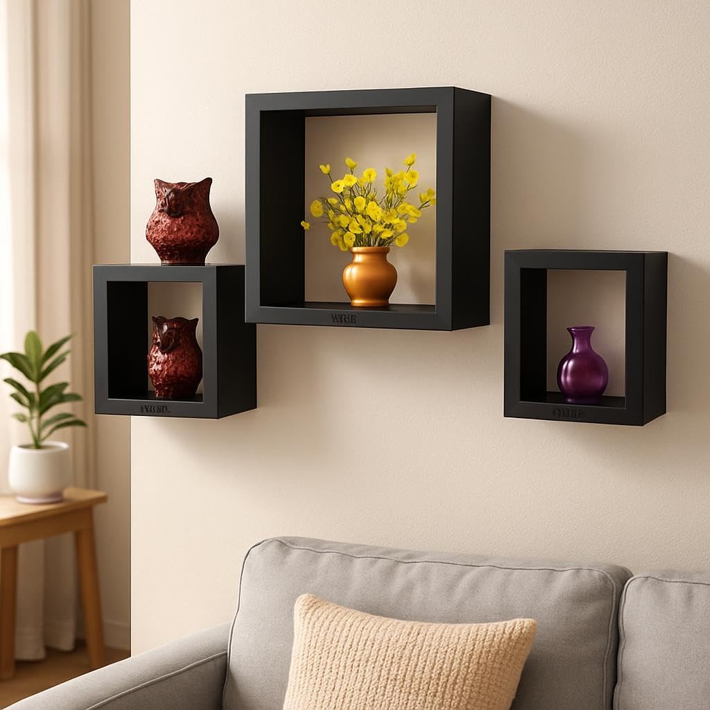 Wall Shelves Cube 3Pcs Set, Black Floating Storage Shelves for Home Decor