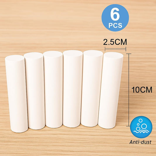 White Chalk Sticks 6 Pack, 2.5cm x 10cm, Non-Toxic, Dustless for Classroom, Office, Art, Blackboard Use