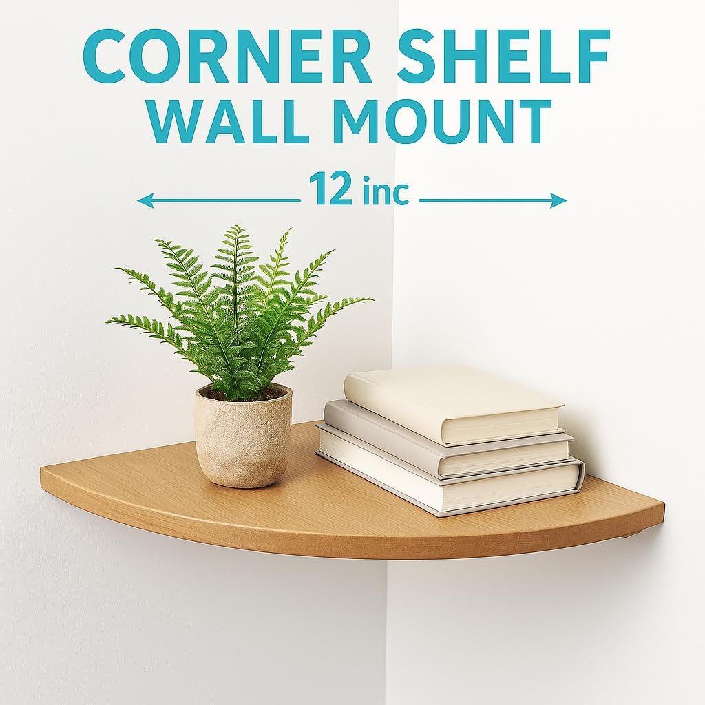 96 Pieces Corner Shelf Wall Mounts (12inch – Oak Wood – Floating – Round End – Small Corner Nightstand – Plant Shelf – For Kitchen Living Room Bedroom)