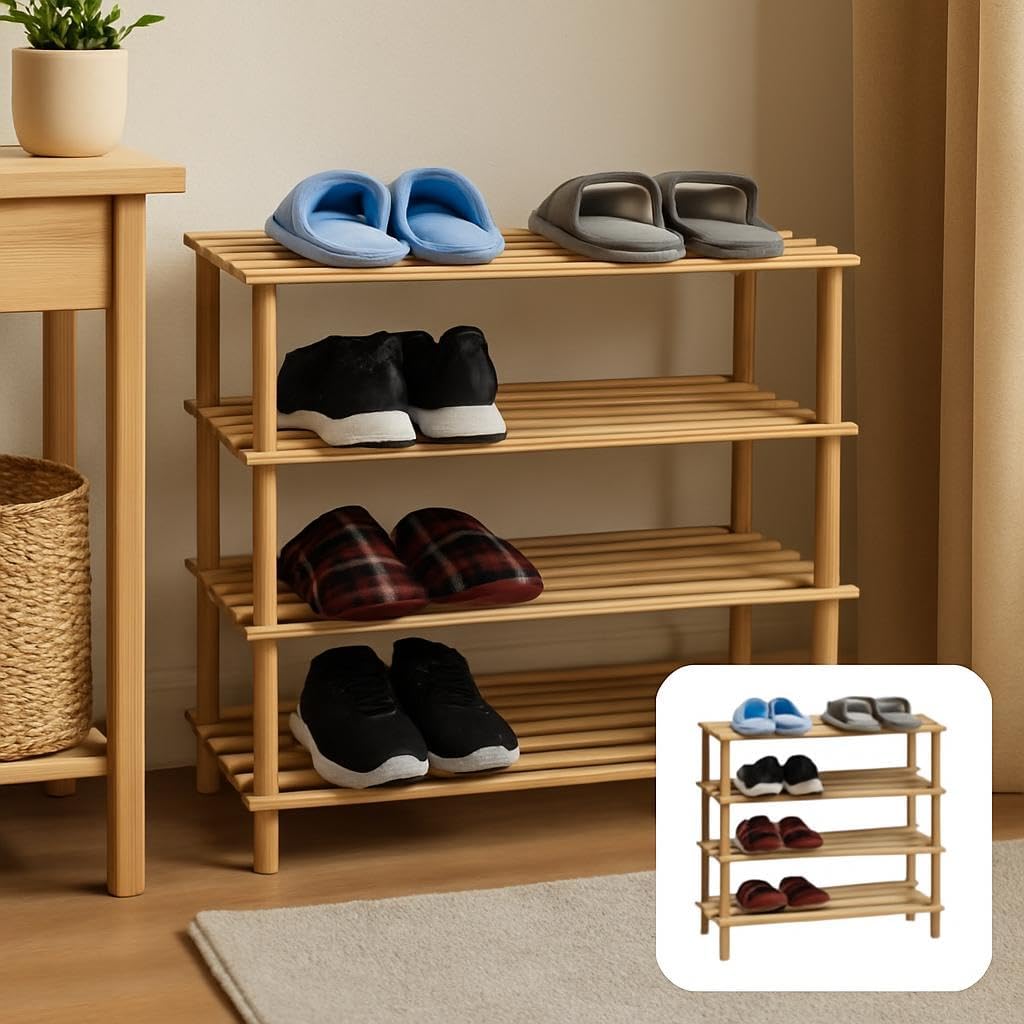 Wooden Shoe Rack 4 Layer, Natural Wood Color, 74x26x67cm