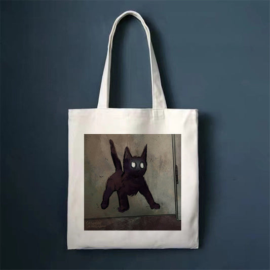Eco-Friendly White Cat Tote Bag with Black Cat Design