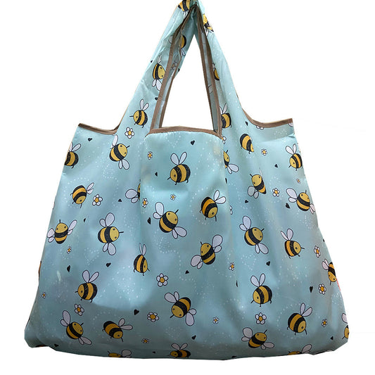 Light blue reusable shopping bag with bee and flower design