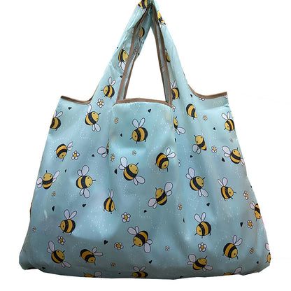 Eco-Friendly Reusable Shopping Bag - Light Blue Bee & Flower Design