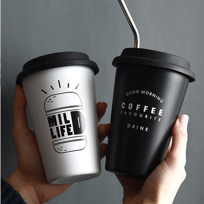 Eco-Friendly Reusable Coffee Cups - Black & White Ceramic or Stainless Steel with Silicone Lids