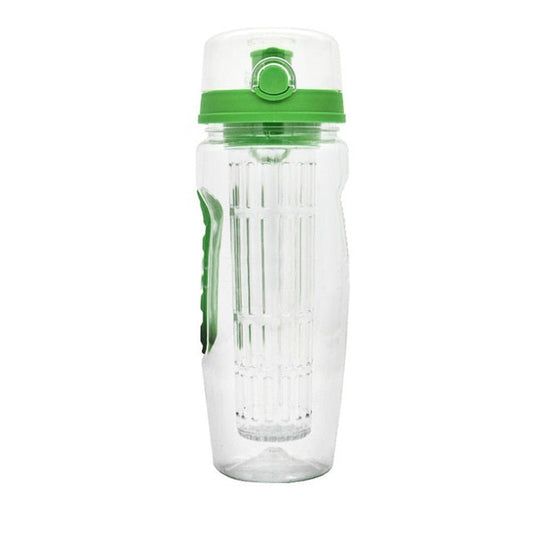 Clear water bottle with green accents and infuser