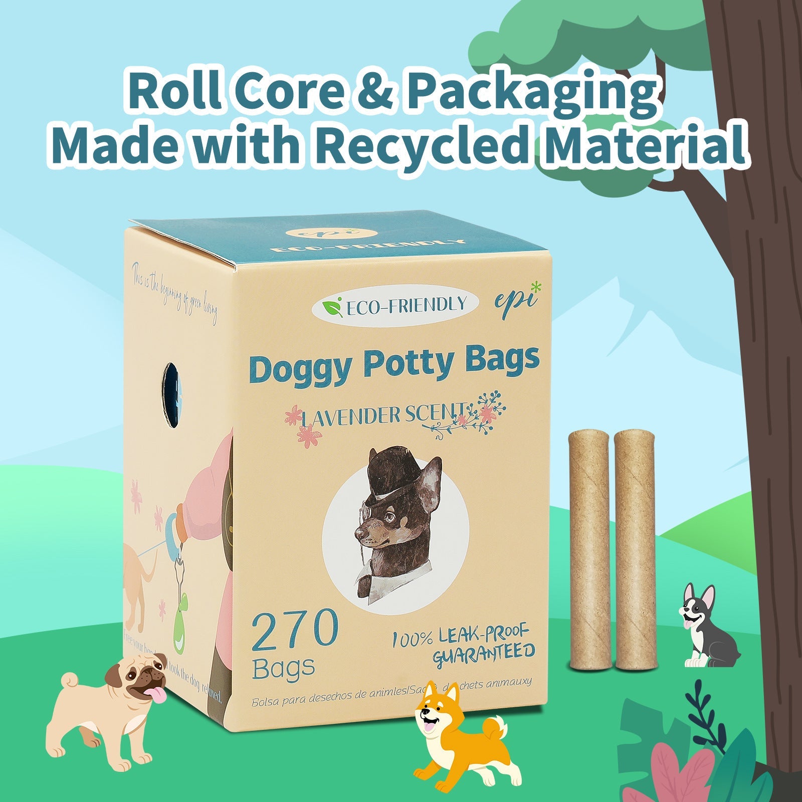 Eco-Friendly Lavender Scented Doggy Potty Bags in Light Blue and Beige Packaging