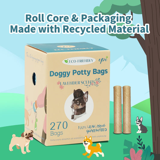 Eco-Friendly Lavender Scented Doggy Potty Bags in Light Blue and Beige Packaging